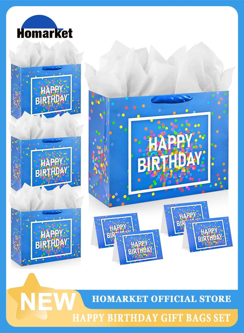 HomarKet 4 Pack Large Happy Birthday Gift Bag with Card and Tissue Papers, Handles Polka Dot Design Like Balloons for Women/Men/Boys/ Girls Birthday Party 33x12x26cm，Blue - Image 1